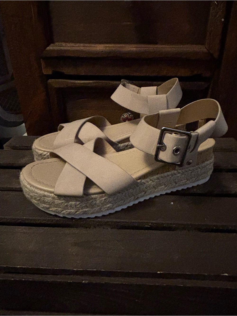 Soda Beige Espadrille Platform Sandals with Buckle Ankle Strap